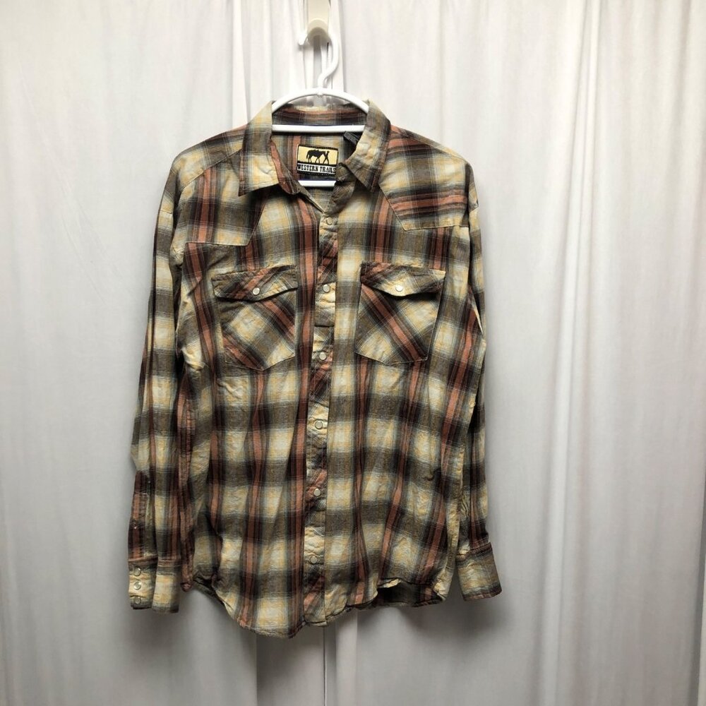 Western Trails Brown Plaid Shirt Mens Size XL Pearl Snaps Cotton Long Sleeve